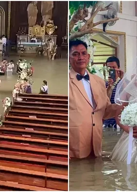 Noivos se casam com água turva na cintura em igreja inundada após enchentes