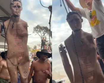 Grupo simula enforcamento de boneco “petista” na Festa do Peão de Barretos.