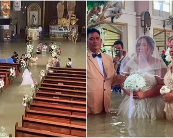 Noivos se casam com água turva na cintura em igreja inundada após enchentes