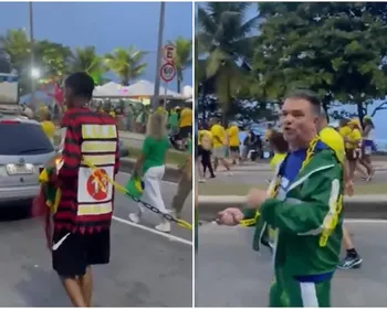 Apoiador de Flávio Bolsonaro puxa homem negro acorrentado com adesivo do PT