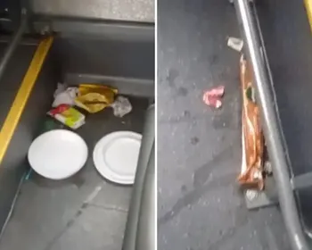 Passageira denuncia lixo, embalagens de alimentos e até mesmo marmita em ônibus
