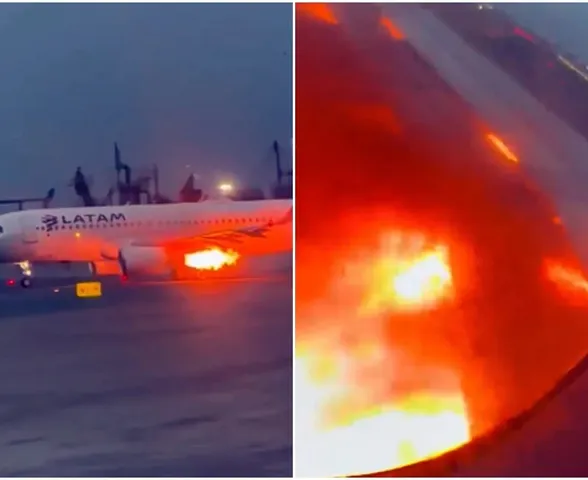 Vídeo: motor de avião da Latam pega fogo durante decolagem em aeroporto