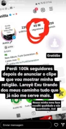 Nos stories, Anitta se pronunciou sobre as pessoas que deixaram de segui-la