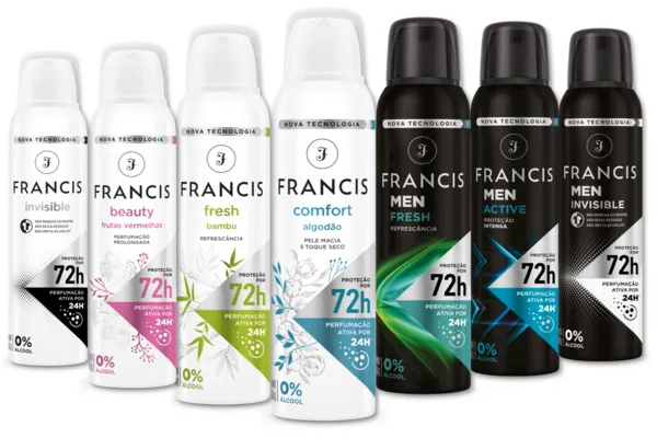 
				
					Francis inova com 72h de proteção e 24h de perfumação em desodorante
				
				