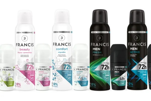
				
					Francis inova com 72h de proteção e 24h de perfumação em desodorante
				
				