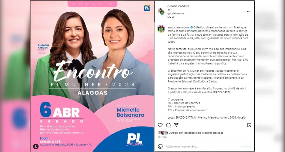 No Instagram, Eduócia convoca mulheres para encontro do PL em Maceió