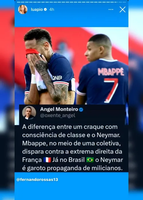 
			
				Luana Piovani volta a alfinetar Neymar e o compara a Mbappé
			
			