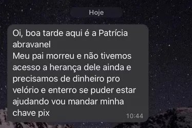 
			
				Golpista se passa por filha de Silvio Santos e pede Pix para enterro
			
			