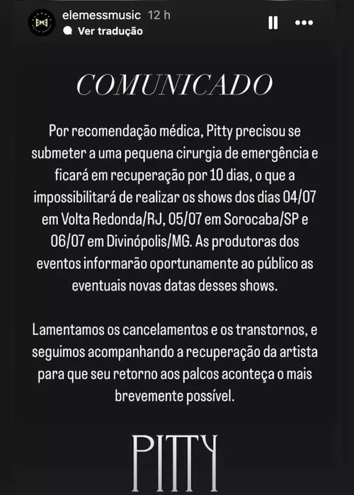 
				Pitty passa por cirurgia de emergência e cancela shows
			
			