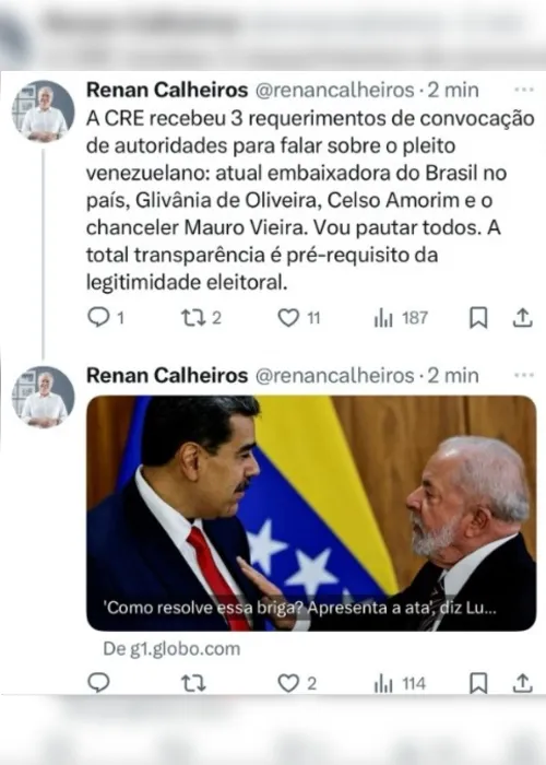 
			
				Renan Calheiros vai convocar Celso Amorim e chanceler Mauro Vieira para explicarem posição do Brasil em relação à eleição na Venezuela
			
			