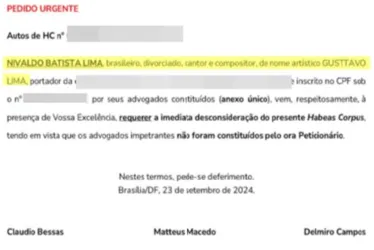 
			
				Advogados de Gusttavo Lima dizem à Justiça que ele é divorciado
			
			