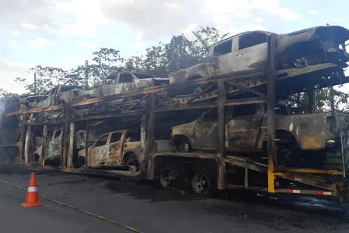 
				Incêndio destrói caminhão-cegonha carregado de carros 0km em Novo Lino
			
			