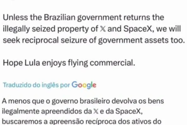 
				
					Musk ameaa Lula: Espero que goste de voar em avio comercial
				
				