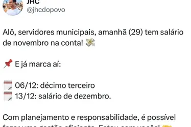 
			
				JHC anuncia pagamento de novembro, dezembro e 13º; confira as datas!
			
			