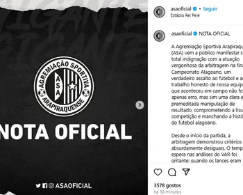 ASA se revolta com arbitragem após título do CRB e fala em ‘assalto e manipulação’