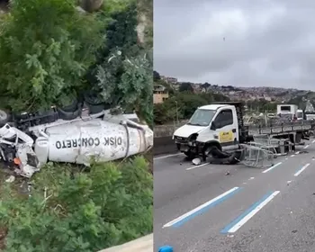 Caminhão cai de viaduto após acertar carreta e deixa feridos