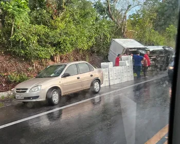 Caminhão carregado de queijo tomba na BR-316 em Satuba