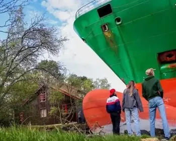 Homem acorda e se depara com enorme navio cargueiro no seu jardim