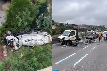 
			
				Caminhão cai de viaduto após acertar carreta e deixa feridos
			
			