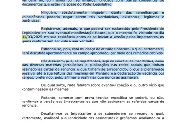 
			
				Presidente da Cmara diz que prefeito confirmou renncia em sua casa e defende novas eleies
			
			