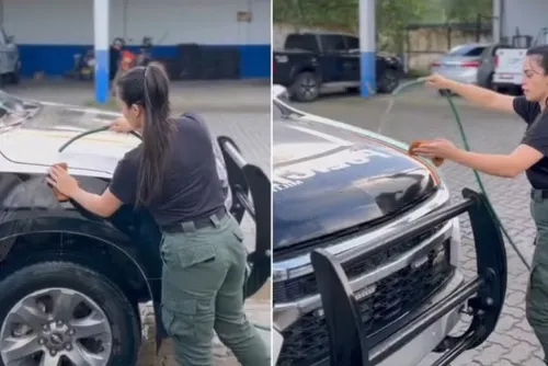 
				Policial com 41 mil seguidores é advertida após publicar vídeo lavando viatura
			
			