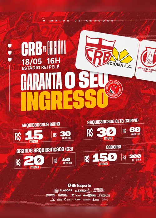 
			
				CRB anuncia venda de ingressos para a partida contra o Criciúma, pela 8ª rodada da Série B
			
			
