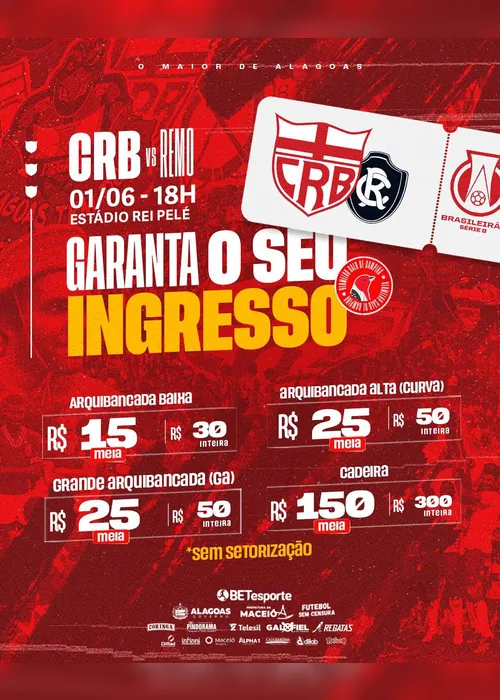 
			
				CRB anuncia venda de ingressos para o confronto com o Remo, pela Série B
			
			