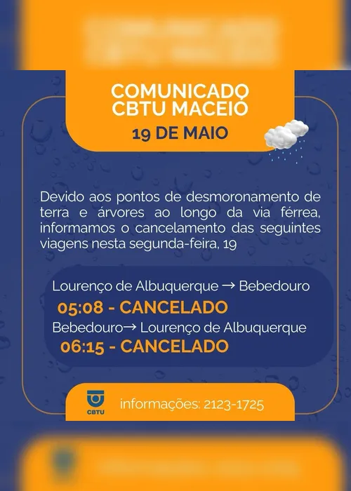 
				Deslizamentos e queda de árvores afetam viagens de trens em Maceió
			
			