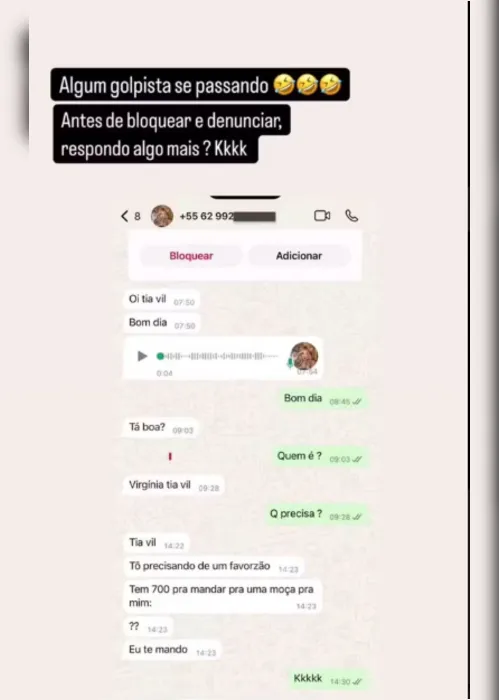 
			
				Golpista finge ser Virginia Fonseca e pede dinheiro à baba
			
			