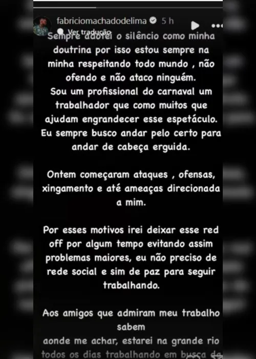 
			
				Mestre de bateria da Grande Rio denuncia ameaças nas redes após escolha de Virginia
			
			