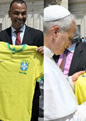 Cafu presenteia papa Leão XIV com camisa da Seleção Brasileira