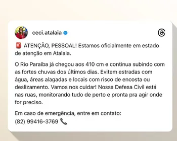 Atalaia entra em estado de atenção por elevação do nível do Rio Paraíba