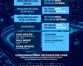 CSA inicia venda promocional de ingressos para jogos contra Caxias e Ferroviário