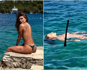 Mariana Goldfarb faz topless ao nadar em mar cristalino