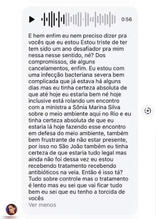 
			
				Anitta revela diagnóstico delicado: 'Infecção severa'
			
			