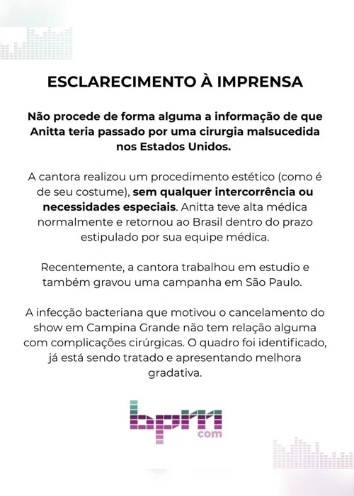 
			
				Assessoria desmente que Anitta tenha passado por cirurgia malsucedida
			
			