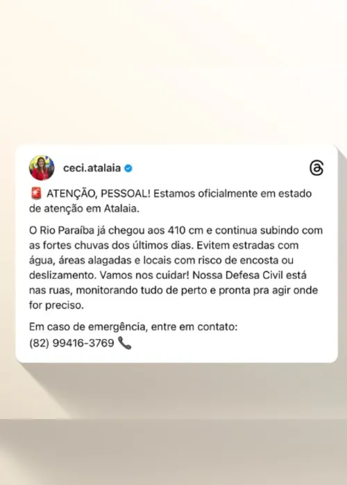 
				Atalaia entra em estado de atenção por elevação do nível do Rio Paraíba
			
			