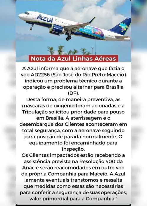 
				Azul emite nota após emergência em voo com destino a Maceió
			
			