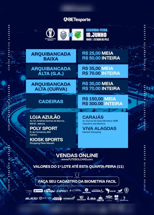 
			
				CSA anuncia venda de ingressos para o confronto com o Floresta, pela Série C
			
			