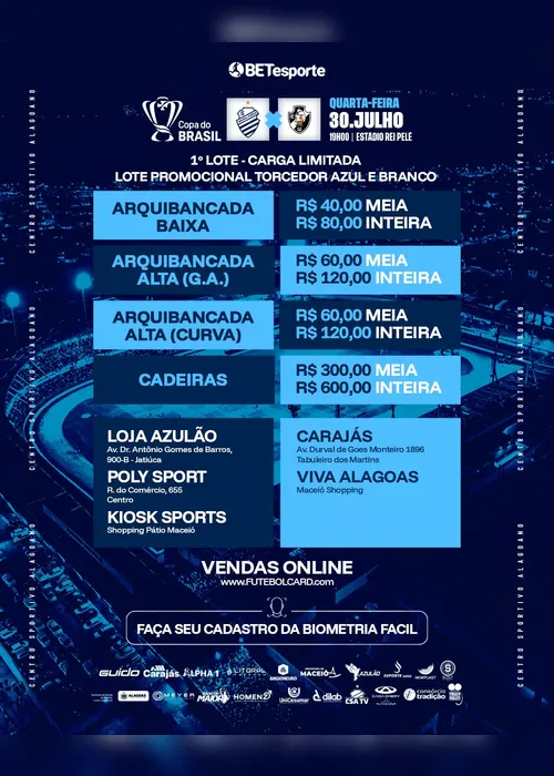 
				Copa do Brasil: CSA inicia venda de ingressos para jogo contra o Vasco; confira
			
			