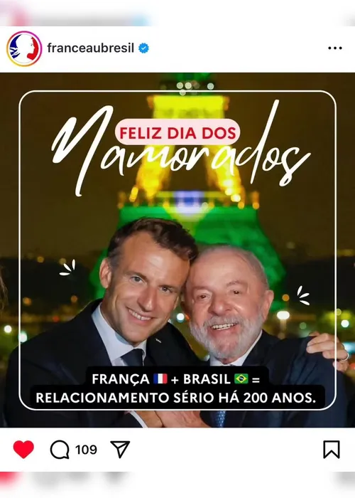
			
				Embaixada da França publica foto de Lula e Macron em homenagem ao Dia dos Namorados
			
			