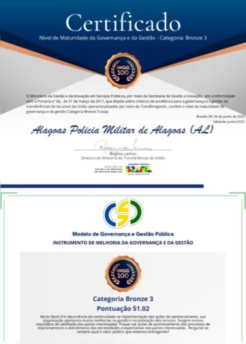 
				PM de Alagoas recebe certificação nacional em governança
			
			