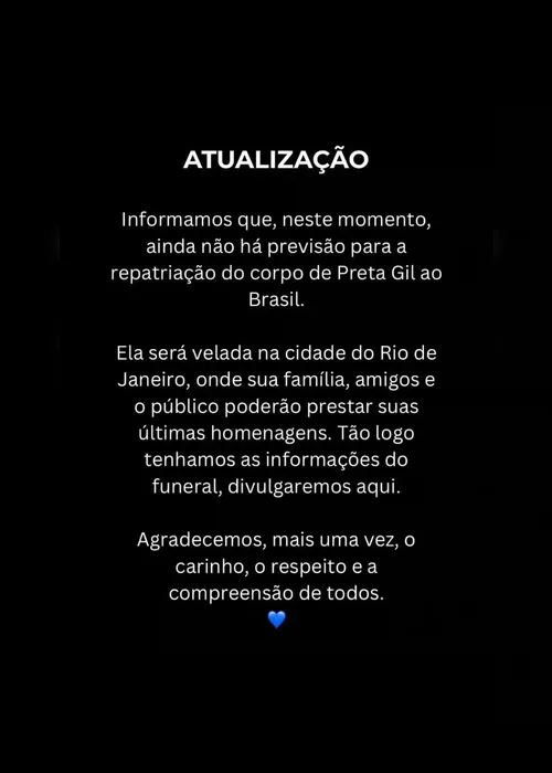 
				Repatriação do corpo de Preta Gil segue sem previsão
			
			