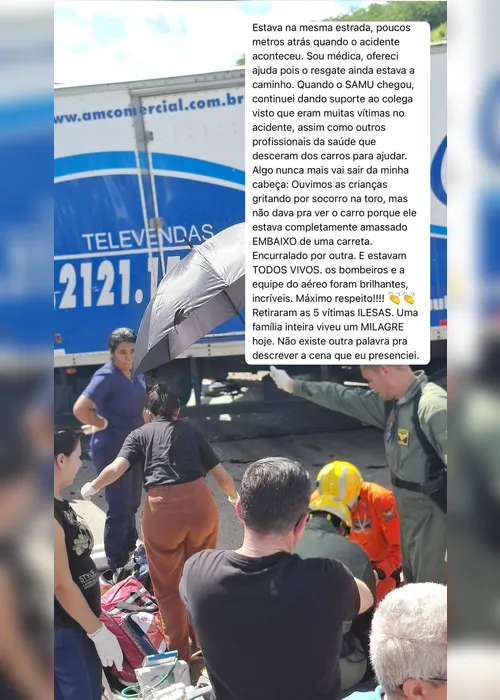 
				'Testemunhei um milagre': médica relata socorro a vítimas de acidente na BR-101
			
			
