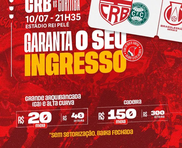 CRB divulga preços de ingressos para jogo contra o Coritiba; confira!