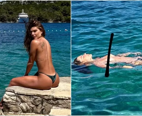 Mariana Goldfarb faz topless ao nadar em mar cristalino