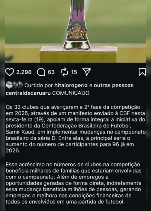 
				Central-PE se posiciona a favor do aumento de clubes na Série D de 2026; confira
			
			