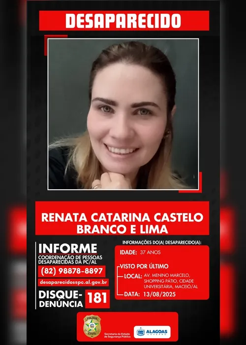 
				Polícia Civil investiga desaparecimento de mulher de 37 anos em Maceió
			
			