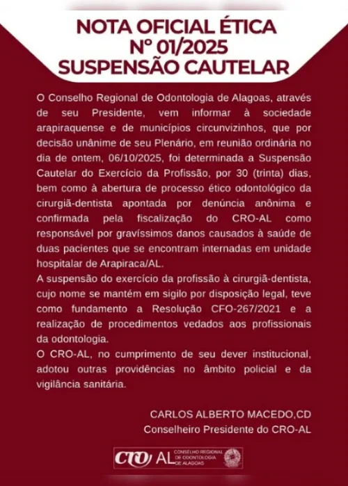 
				Conselho afasta dentista por prática ilegal de harmonização corporal em Arapiraca
			
			