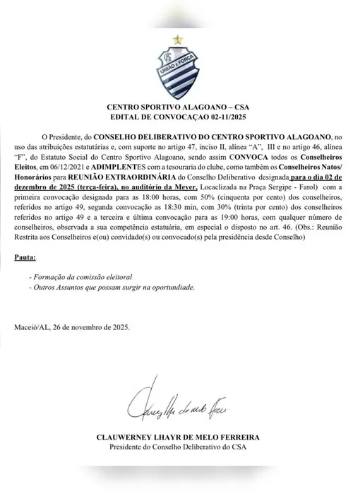 
				Conselho do CSA convoca reunião que pode definir nova eleição e rumo político
			
			